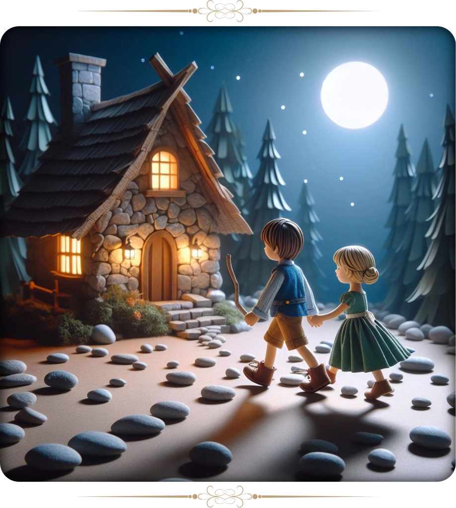 Hänsel y Gretel regresan a casa siguiendo las piedritas que brillan bajo la luz de la luna.