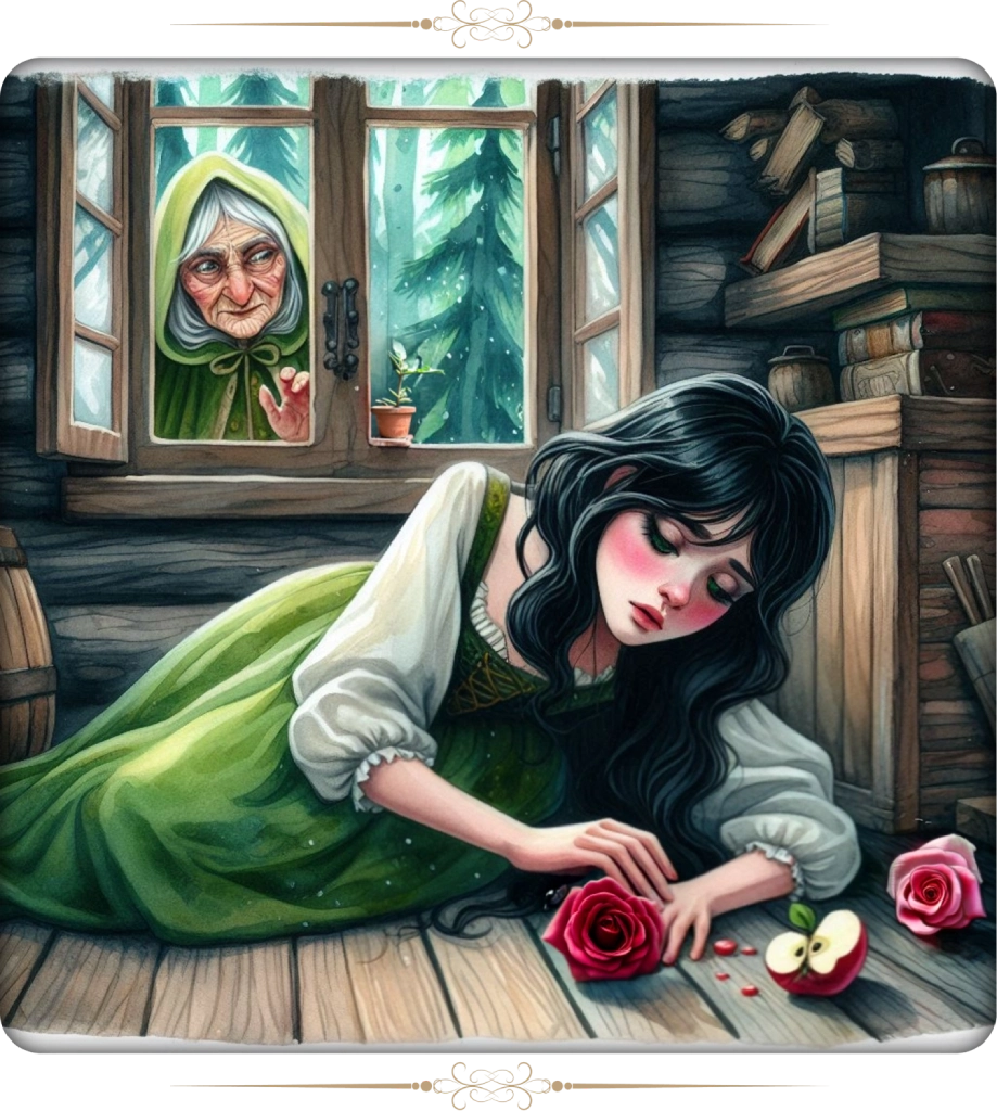 Blancanieves cae al suelo al morder una manzana envenenada, mientras la bruja la observa desde la ventana.