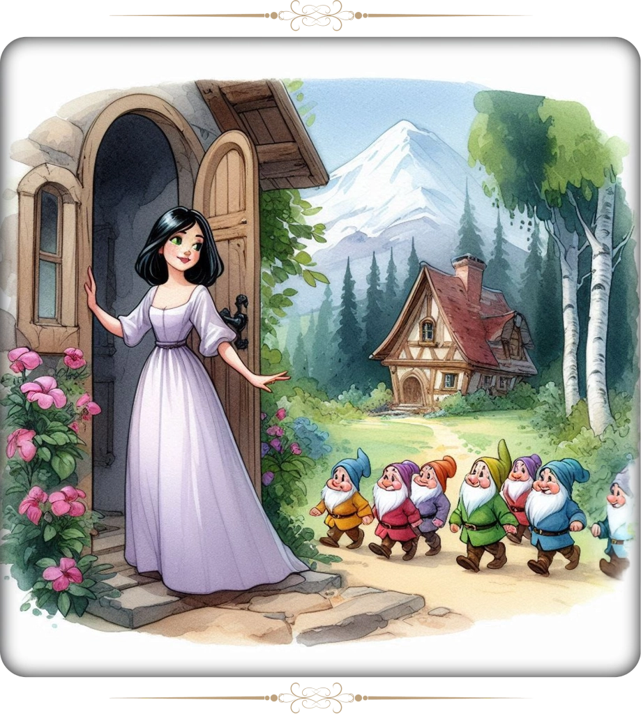 Blancanieves se esconde en la casa de los siete enanitos, quienes le ofrecen protección y hogar a cambio de su ayuda en las tareas.