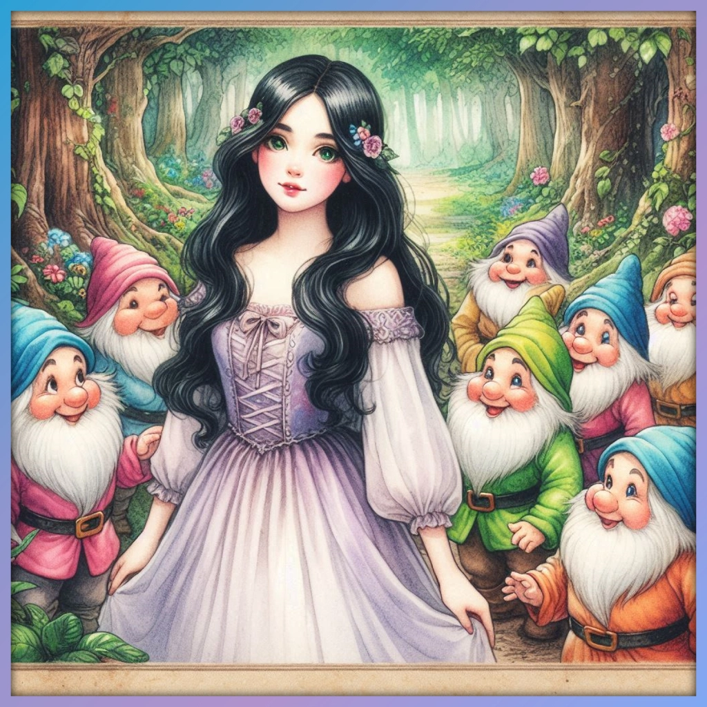 Blancanieves, joven preciosa de cabello negro, con los siete enanitos, en medio de un precioso bosque ilustrado.