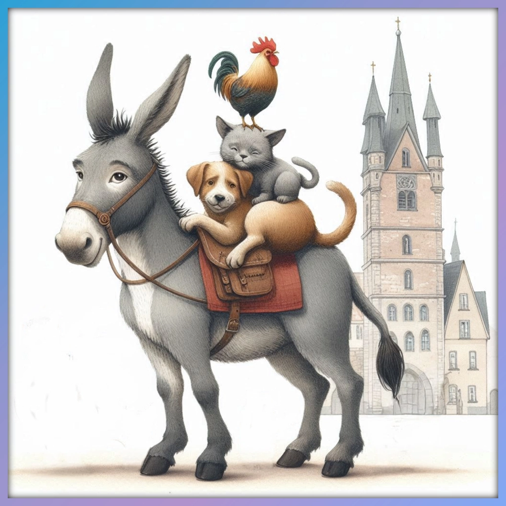 Ilustración de los músicos de Bremen: burro, perro, gato y gallo apilados uno sobre el otro