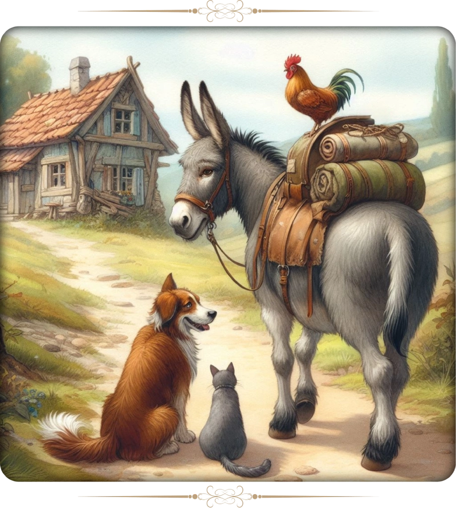 El burro, el perro, el gato y el gallo caminando hacia Bremen.