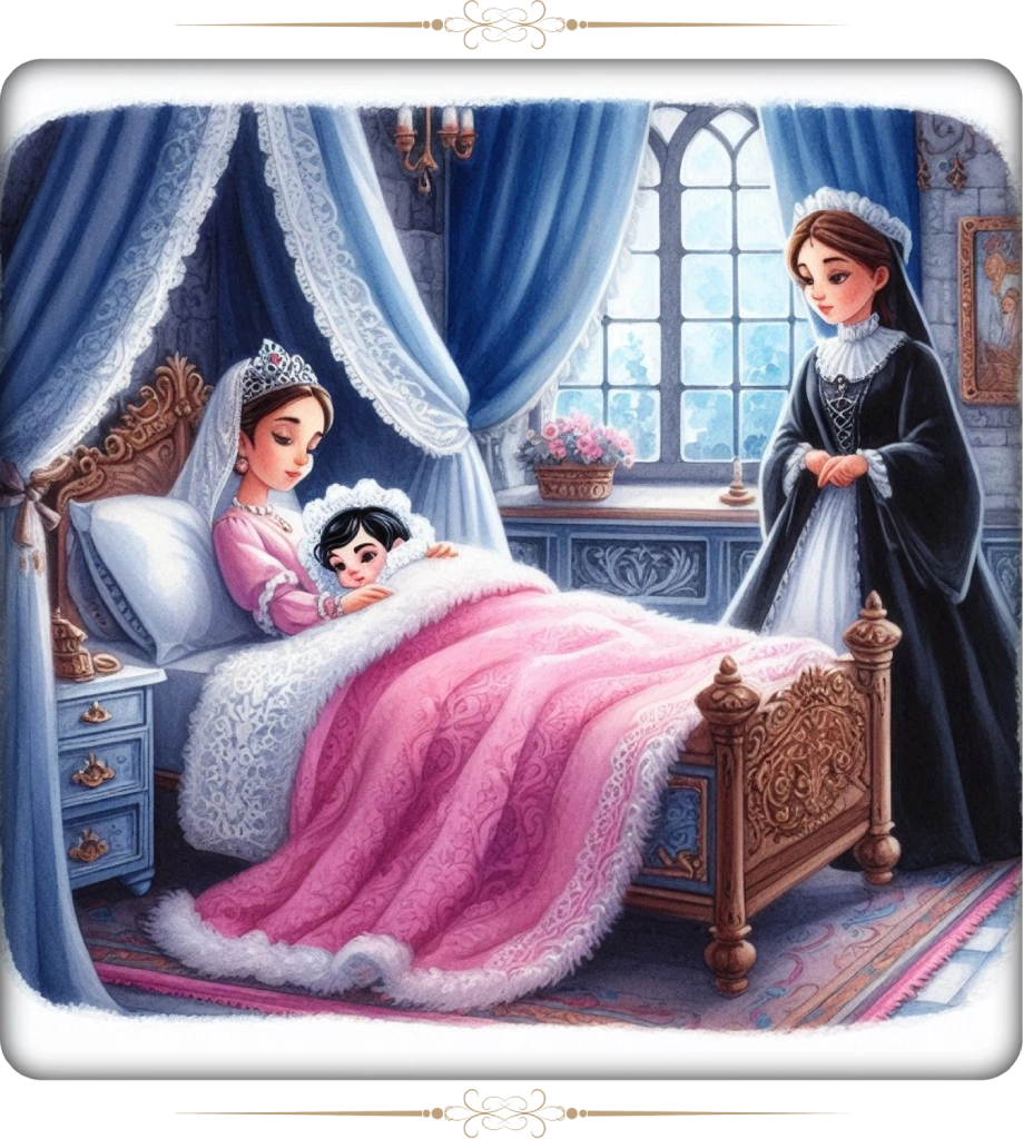 Blancanieves recién nacida en los brazos de su madre, en la cama de la reina del castillo. La malvada reina bruja, de gran belleza, consulta con su espejo mágico sobre quién es la más hermosa del reino.